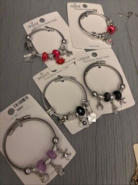 5 Stainless Steel Charm Bracelet Set with Pink, Black, Purple Accents